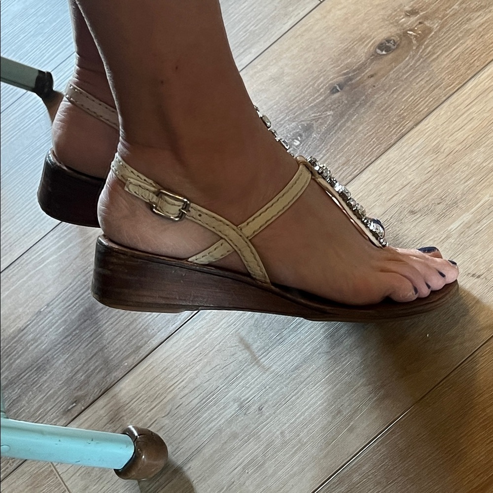 Prada, 37.5 EU (7 US), Tan Cream Sandals with Jewel 💎 Accents - Picture 10 of 12
